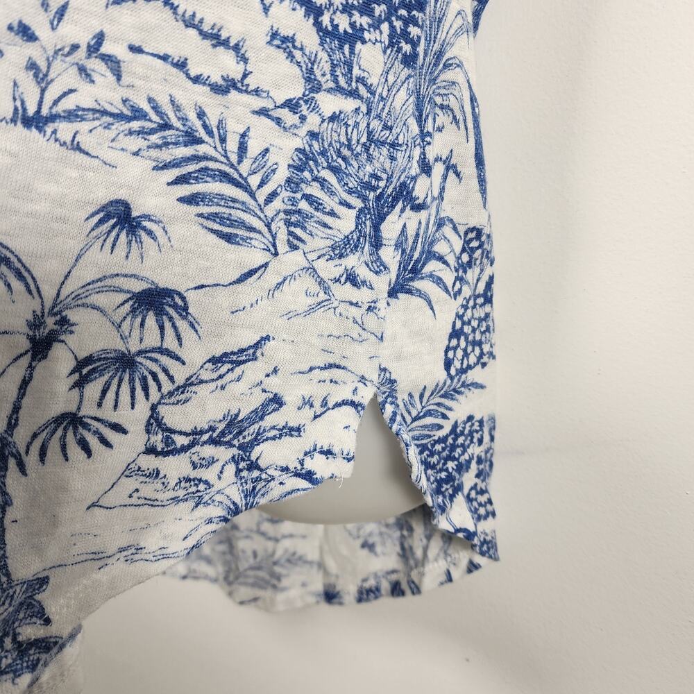 Nicole Miller Womens 100% Linen Top L Blue White Floral Short Sleeve Tropical - Picture 5 of 9